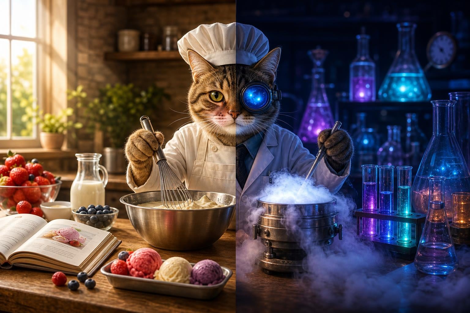 День и ночь производства: слева — солнечная кухня, справа — волшебная лаборатория