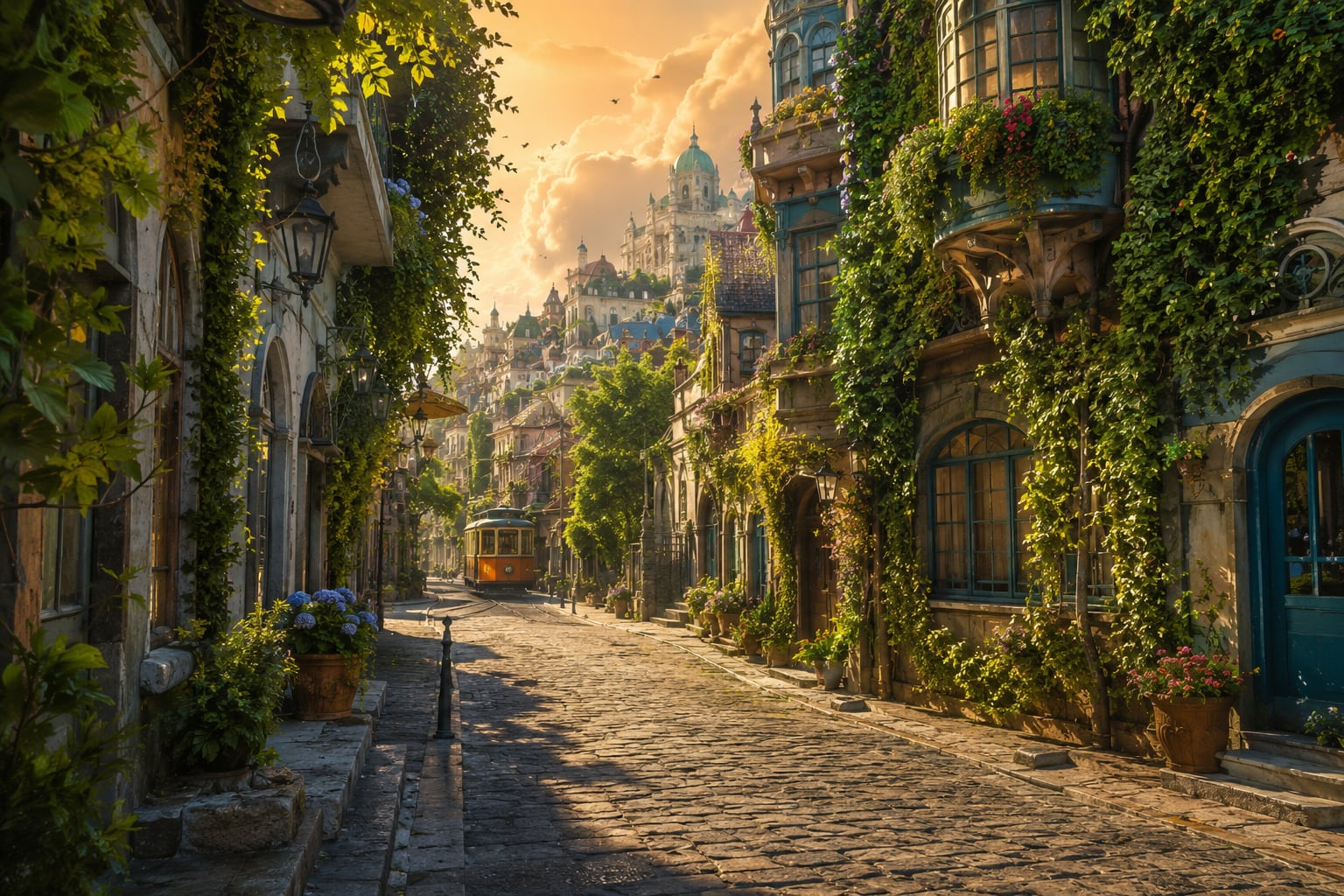 Уютная улица города Ехо днем, старинные дома и зелень
