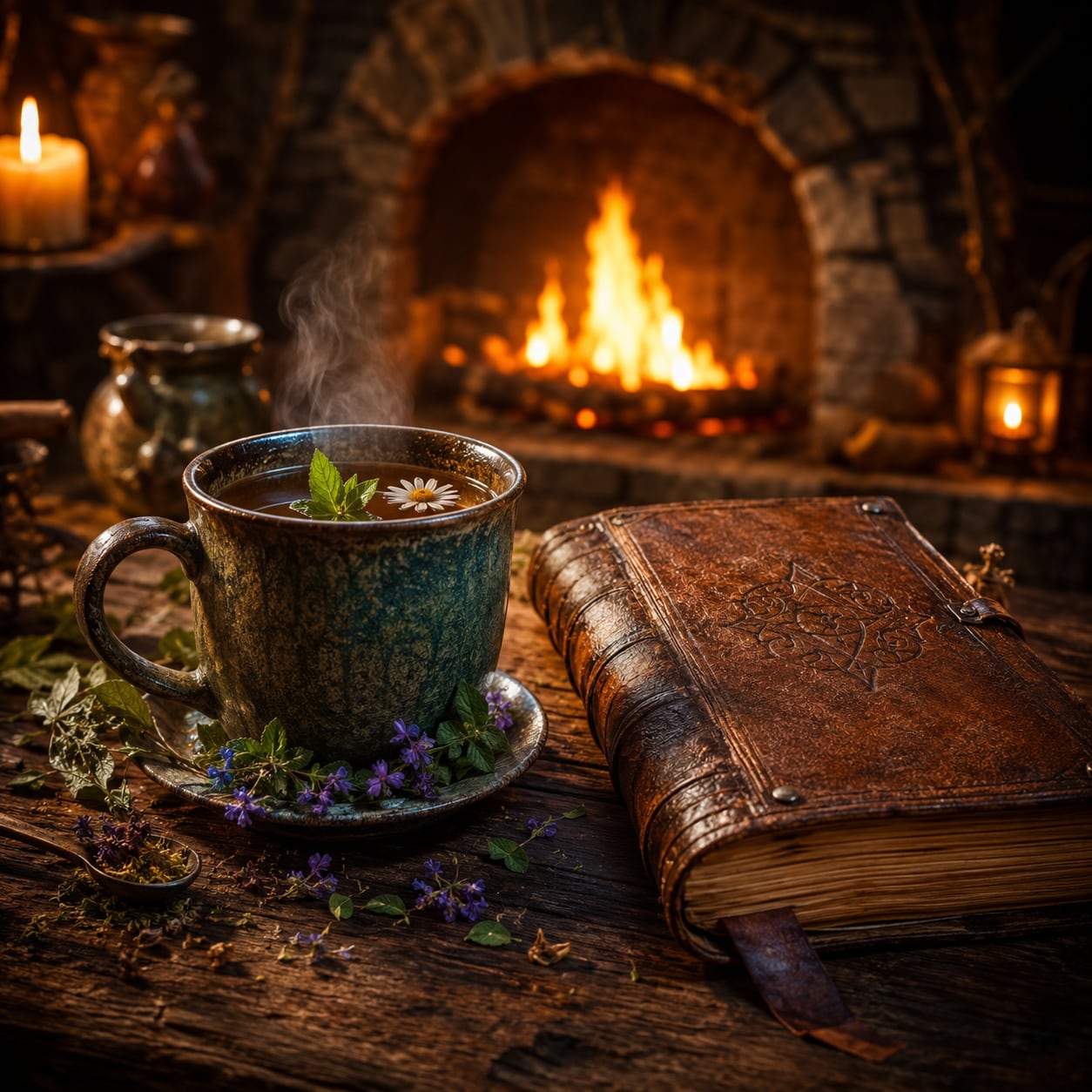 Горячий чай у камина рядом со старинной книгой